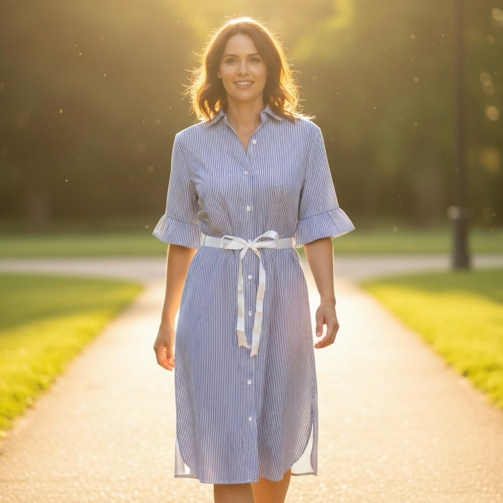 J McLaughlin Striped Shirt Dress Blue And White Ruffled Sleeve Size M